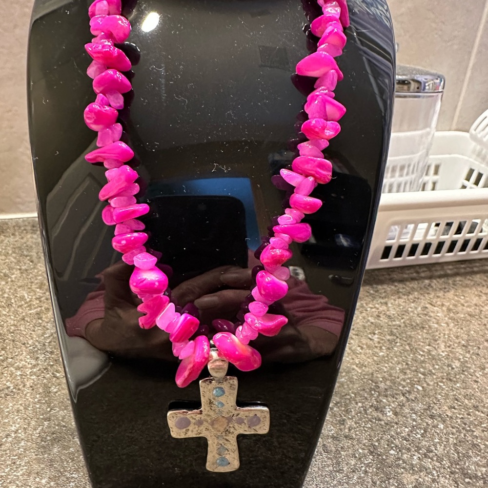 Anthropologie Pink Beaded Necklace with Cross Pendant